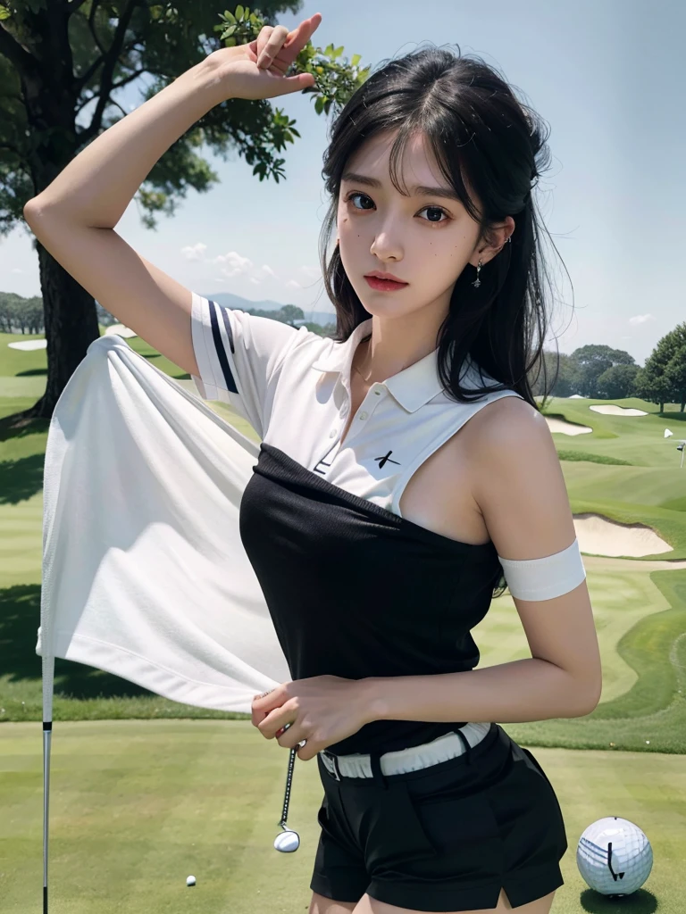absurdres, RAW photo, extremely delicate and beautiful, masterpiece, Best Quality, ultra high resolution, 32k, hyperrealistic, ultra-detailed, in her 20s, delicate facial features, tearful mole, earring, medium breasts, full body shot, shorter middle hair, black hair, ((golf uniform)), shirt, shorts,