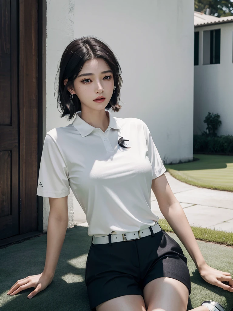 absurdres, RAW photo, extremely delicate and beautiful, masterpiece, Best Quality, ultra high resolution, 32k, hyperrealistic, ultra-detailed, in her 20s, delicate facial features, tearful mole, earring, medium breasts, full body shot, shorter middle hair, black hair, ((golf uniform)), shirt, shorts,