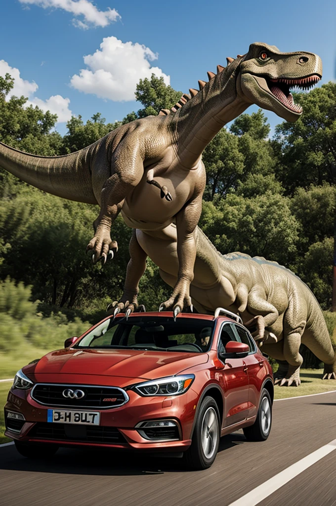 A dinosaur driving a car
