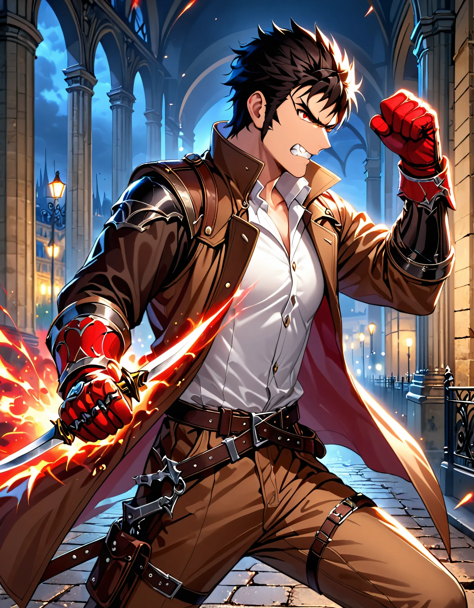 (masterpiece), (best quality), (hires), 1male, solo, solo focus, male focus, dynamic fighting stance, psychotic french male, white shirt, brown cargo pants, brown combat boots, (holding weapon, daggers, red gloves), black hair, short hair, sideburns, red eyes, (wearing brown trench coat, open coat), black vest, vest with sheaths, clenched fists, fist gauntlets, angry, clenched teeth. modern paris, night, indoors, cowboy shot.