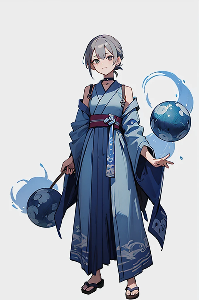 Blue Yukata、Gray Hair、Mischievous face、Choker on neck、Big earrings、Arms crossed、Only the mouth is smiling、Straw sandals、Choker on right leg、Shoulders are out(whole body、Are standing、、White background)
