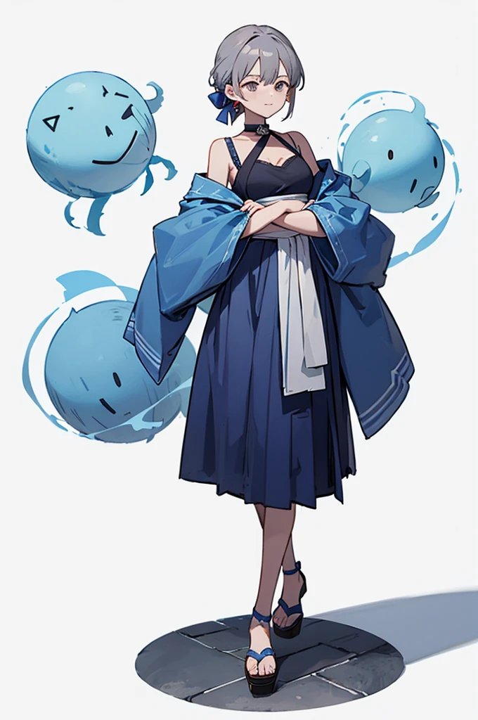 Blue Yukata、Gray Hair、Mischievous face、Choker on neck、Big earrings、Arms crossed、Only the mouth is smiling、Straw sandals、Choker on right leg、Shoulders are out(whole body、Are standing、、White background)