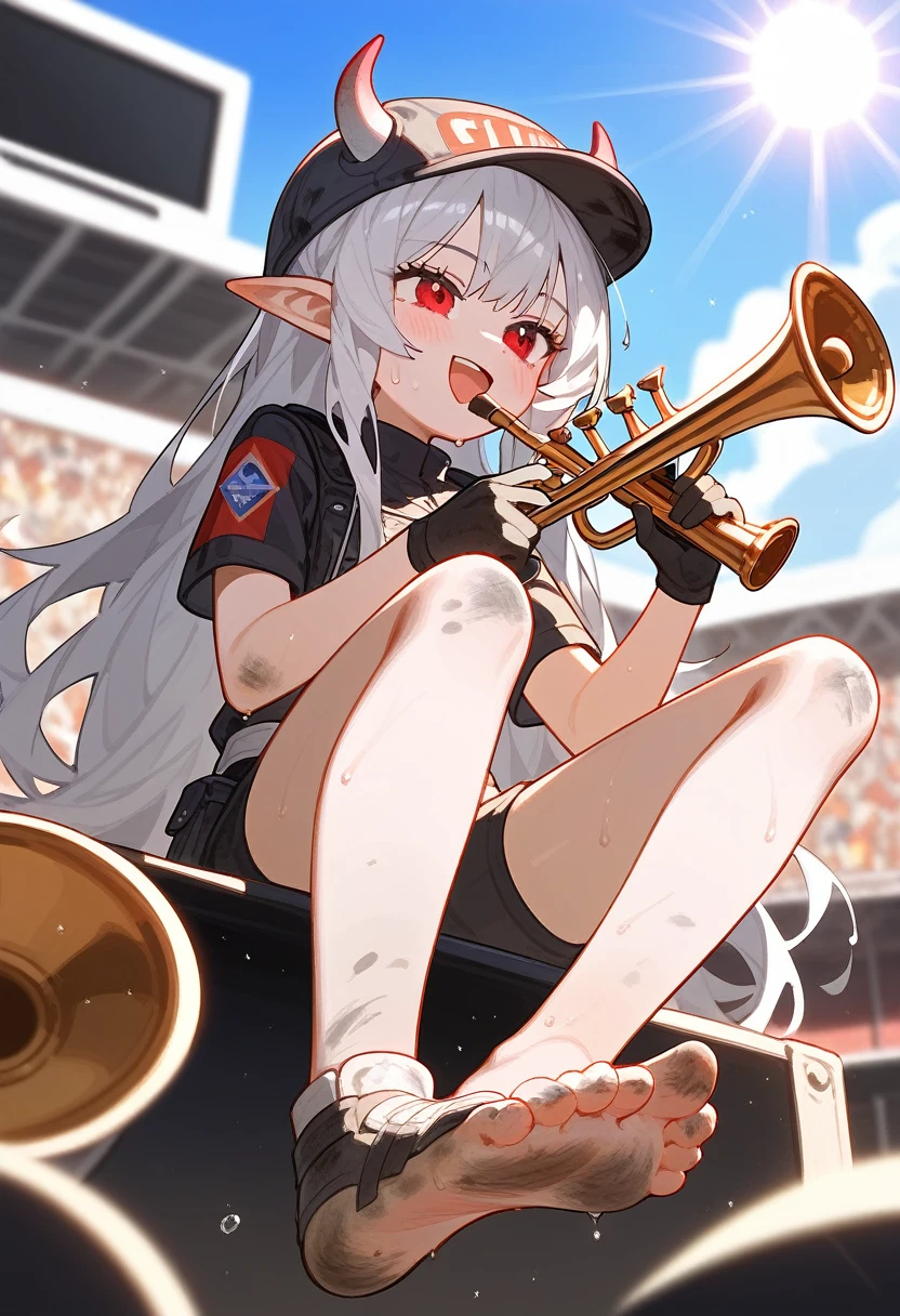 Fraction_9,Fraction_8_Direction_7_up,1 Girl,Mudstone (Ark of Tomorrow),dirty,foot,Gloves,helmet,trumpet,Sole,Red Eyes,赤foot,Pointed ears,breast,Solitary,Long hair,White hair,black Gloves,foot趾,cap,foot部焦点,Looking at the audience,sit,Sweat,Open your mouth,dirty foot,Keep,outdoor,sky空,Bangs,Oral disease damage (Ark of Tomorrow),sky,Smile,blush,demon trumpet,Infection monitors (Ark of Tomorrow),shorten,sun,