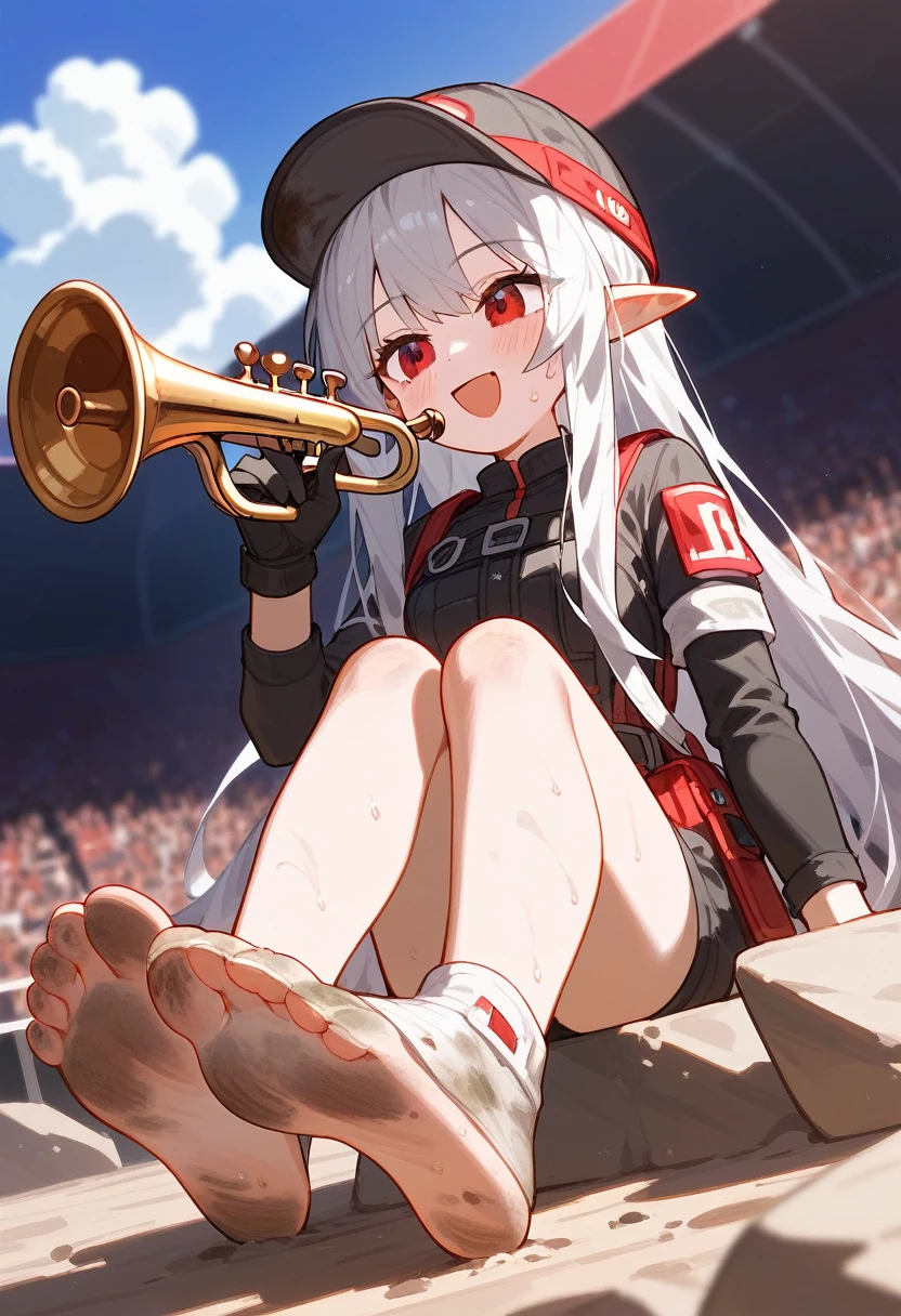 Fraction_9,Fraction_8_Direction_7_up,1 Girl,Mudstone (Ark of Tomorrow),dirty,foot,Gloves,helmet,trumpet,Sole,Red Eyes,赤foot,Pointed ears,breast,Solitary,Long hair,White hair,black Gloves,foot趾,cap,foot部焦点,Looking at the audience,sit,Sweat,Open your mouth,dirty foot,Keep,outdoor,sky空,Bangs,Oral disease damage (Ark of Tomorrow),sky,Smile,blush,demon trumpet,Infection monitors (Ark of Tomorrow),shorten,sun,
