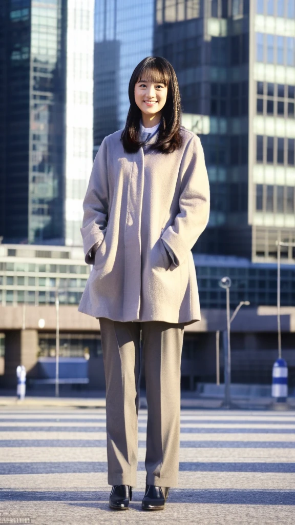 Full-body photo of a cute Japanese weather forecaster wearing a pantsuit and coat, pumps,Girl with a microphone,Broadcasting with a microphone outdoors in Tokyo in winter,Standing in front of Tokyo Station,wearing pumps and black tights,masterpiece