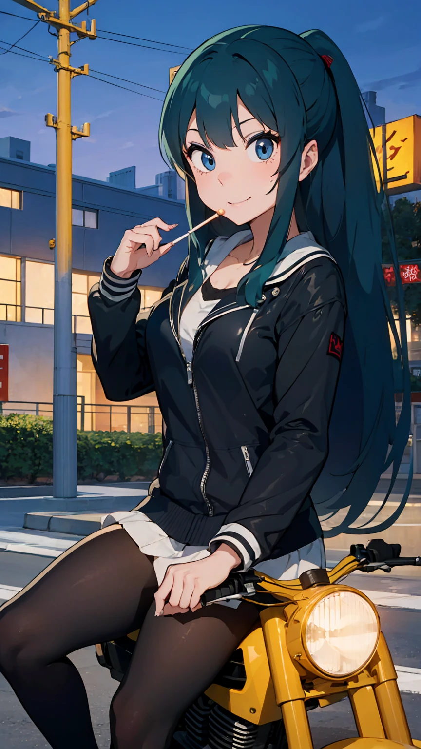 (score_9, score_8_up, score_7_up), 1girl, 独奏, Lum, long hair, bangs, blue hair, blue eyes, aqua hair, eyeshadow, large breasts, looking at viewer, blush, drives a motorcycle, Sitting on a motorcycle, rides a motorcycle, no helmet, In a leather jacket, hair fluttering, on the overpass, neon city lights, left hand on the steering wheel, right hand holds a lollipop, licks a lollipop, pleasure on face, bliss, Snide grin,