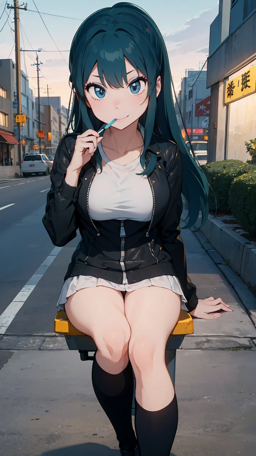 (score_9, score_8_up, score_7_up), 1girl, 独奏, Lum, long hair, bangs, blue hair, blue eyes, aqua hair, eyeshadow, large breasts, looking at viewer, blush, drives a motorcycle, Sitting on a motorcycle, rides a motorcycle, no helmet, In a leather jacket, hair fluttering, on the overpass, neon city lights, left hand on the steering wheel, right hand holds a lollipop, licks a lollipop, pleasure on face, bliss, Snide grin,