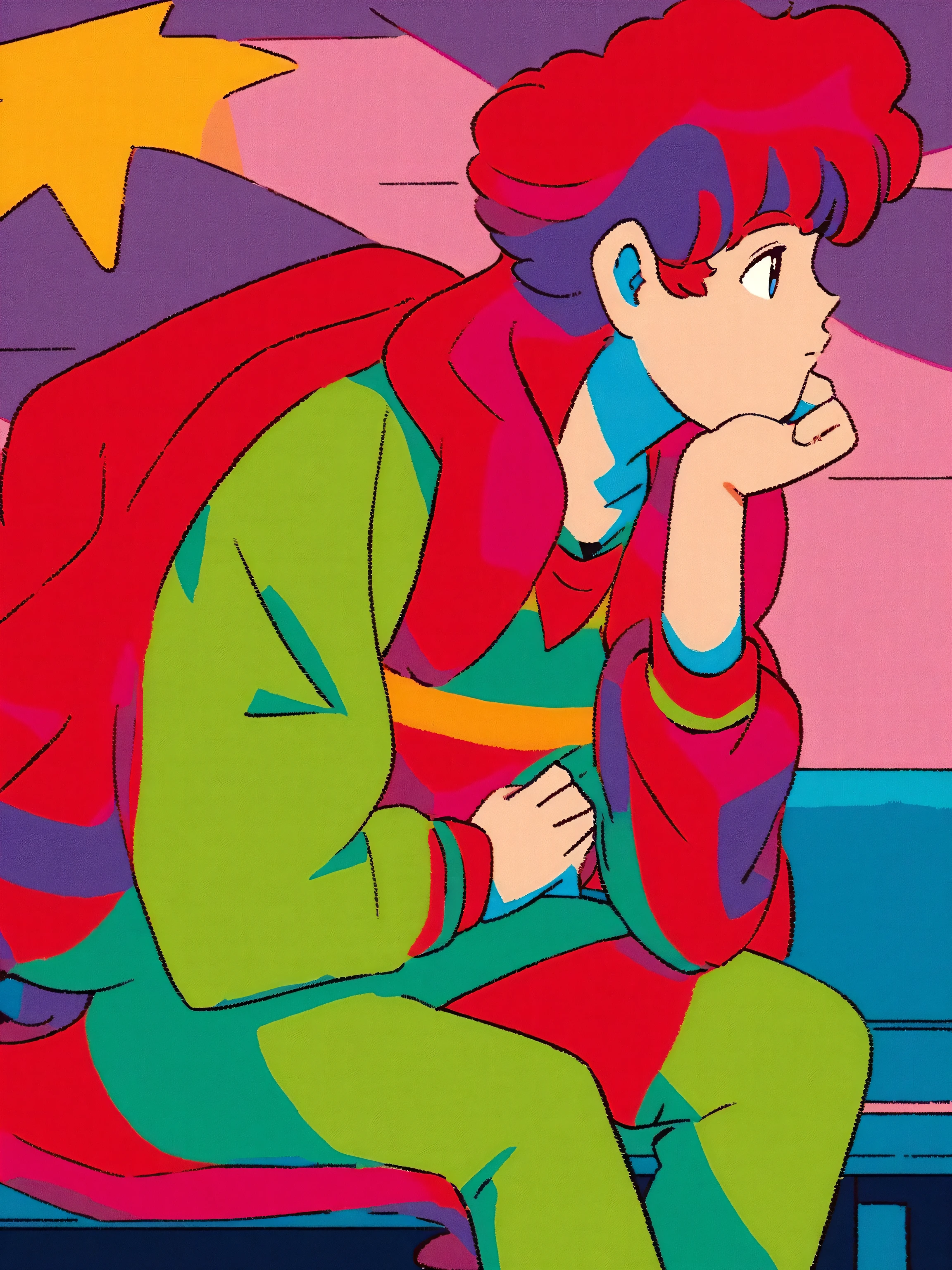 anime boy sitting on a bench with his hand on his chin, ((red curly hair )), praise artstyle, praise feel, cute anime pose, praise portrait, thoughtful pose, lo-fi illustration style, in the art style of 80s anime, praise art, praise, they be colors, they be, inspired by Bian Shoumin, official fanart