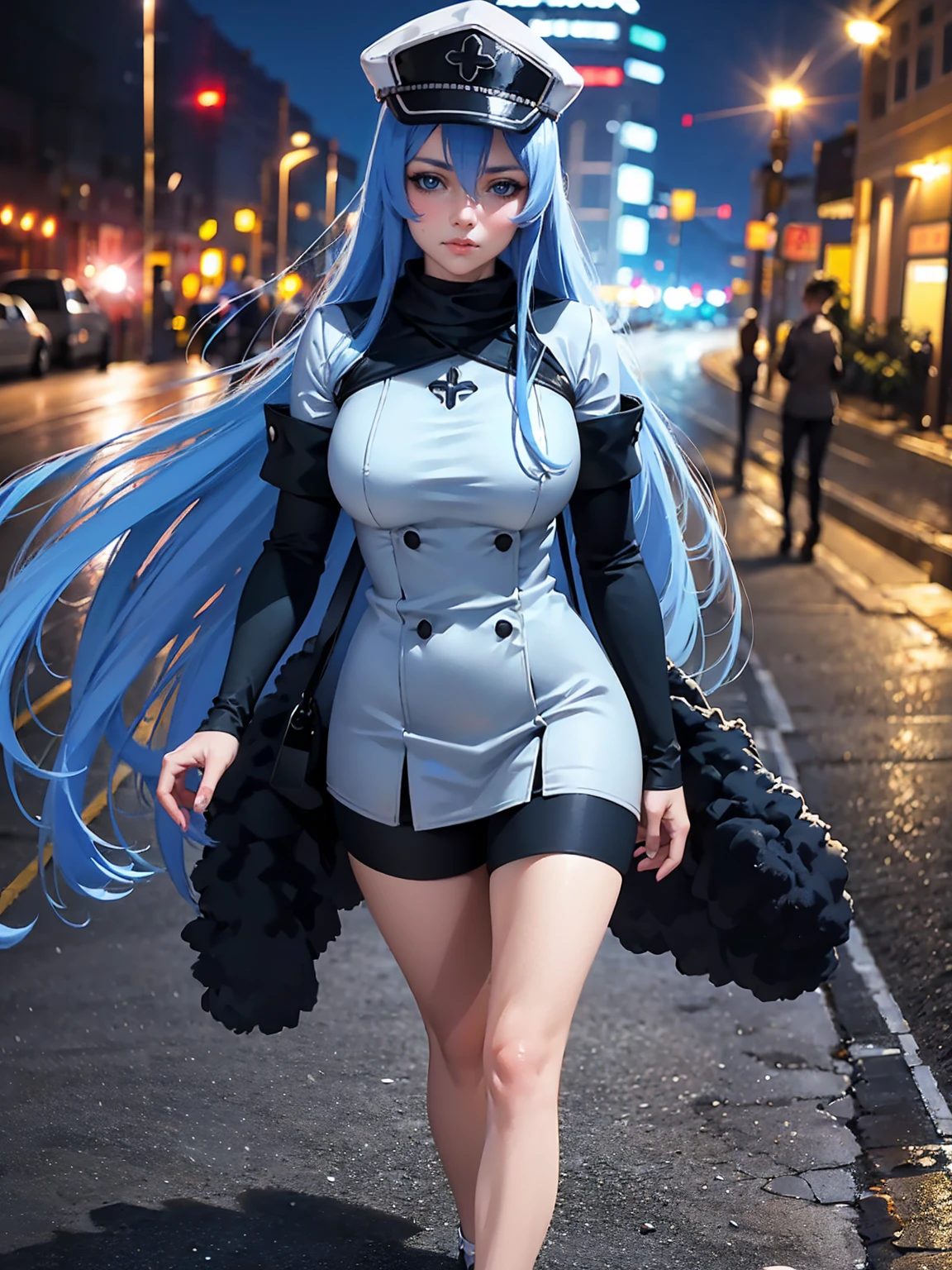 a girl with long blue hair, blue eyes, blue eyelashes, big breasts, white sweatshirt with a hat, walking, upset, on a street in Russia, snowing heavily, at night, (best quality,4k,8k,highres,masterpiece:1.2),ultra-detailed,(realistic,photorealistic,photo-realistic:1.37),HDR,UHD,studio lighting,extreme detail description,vivid colors,portrait,dramatic lighting,cold color tone