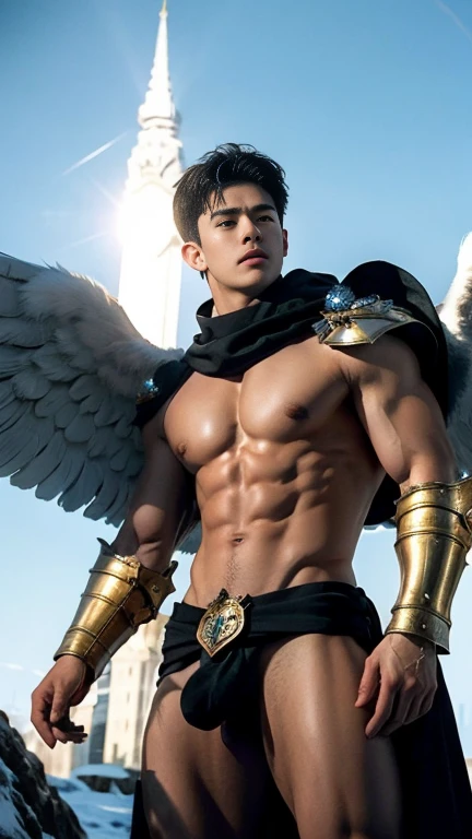 super high resolution, best quality, photo, 4k, (photorealistic: 1.4), cinematic lighting, full naked male angel with large translucent wings, expose the penis, huge penis, errected, shirtless naked muscular man, abdominal muscles dressed in medieval gold armor, detailed feathers, men angel with large translucent wings, muscular , big sexy ass, abdominal muscles clad in medieval gold armor, detailed feathers, environment cyberpunk, snow and ice environment in the background, ice cathedral, portal of the future, 3D light, HD, magic, god of light, backlighting, detailed face, inspirited by Li Xian, Leo Wu, contrasts, smooth skin, soft hands, correct anatomy, five fingers. focus on the penis