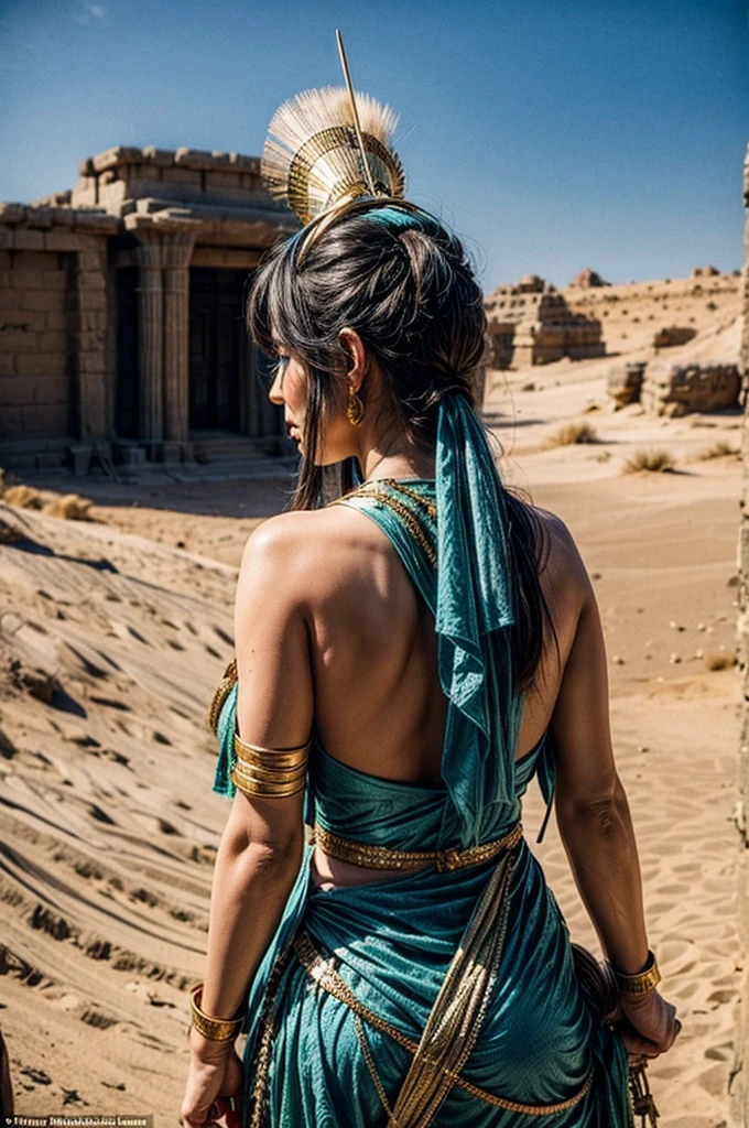 A powerful female archer wielding a bow in ancient Egyptian attire. She wears a gold headdress with a blue and green gemstone. Desert background. Blush and black eyeliner. View from behind. Round but