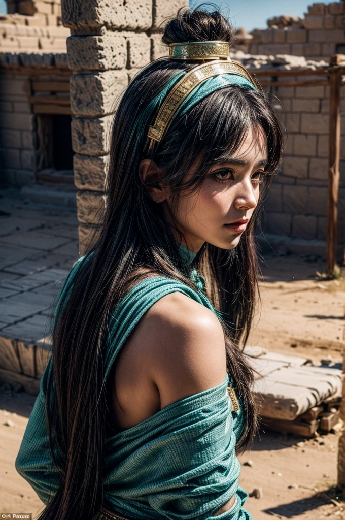 A powerful female archer wielding a bow in ancient Egyptian attire. She wears a gold headdress with a blue and green gemstone. Desert background. Blush and black eyeliner. View from behind. Round but