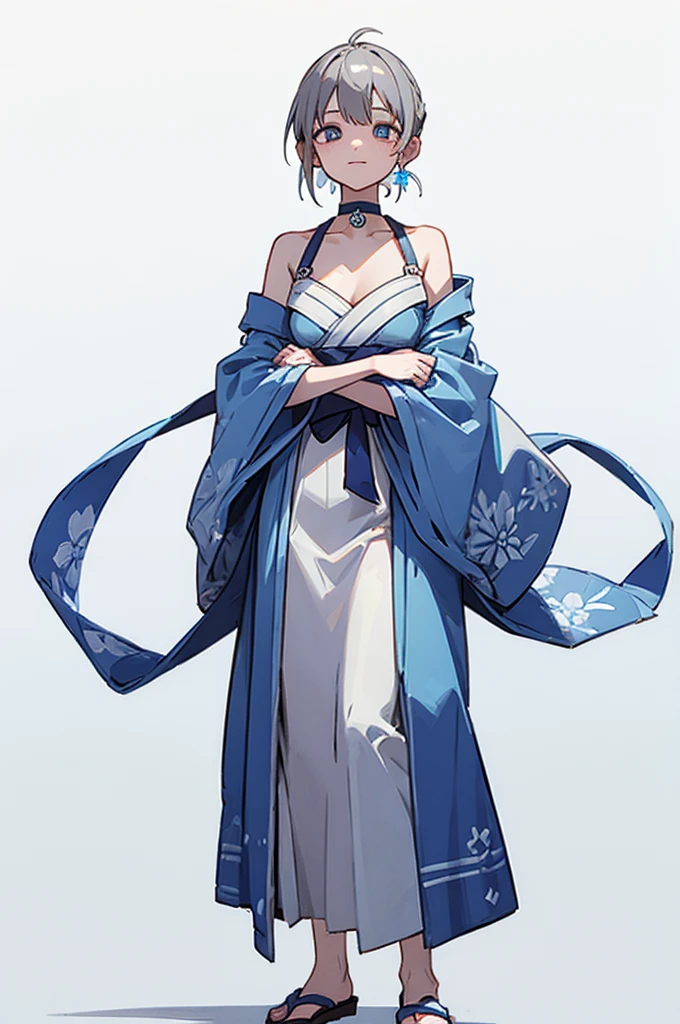 [(white background:1.5)::5], hexagon,masterpiece, (best quality), ((1girl)),young,upper body,((blue hair)),((green eyes)),(((hand between legs))),short hair,expressive hair,short kimono,perfect hands,game cg,absurdres, wallpaper, illustration