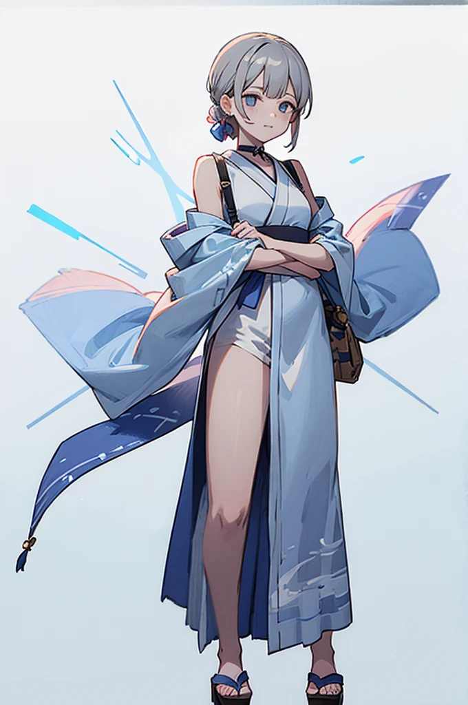 blue and white yukata、Gray Hair、Mischievous face、Choker on neck、Big earrings、Arms crossed、Only the mouth is smiling、Straw sandals、Choker on right leg、Shoulders are out(whole body、Are standing、、White background)