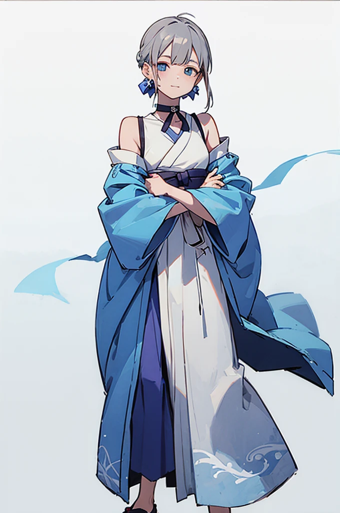 blue and white yukata、Gray Hair、Mischievous face、Choker on neck、Big earrings、Arms crossed、Only the mouth is smiling、Straw sandals、Choker on right leg、Shoulders are out(whole body、Are standing、、White background)