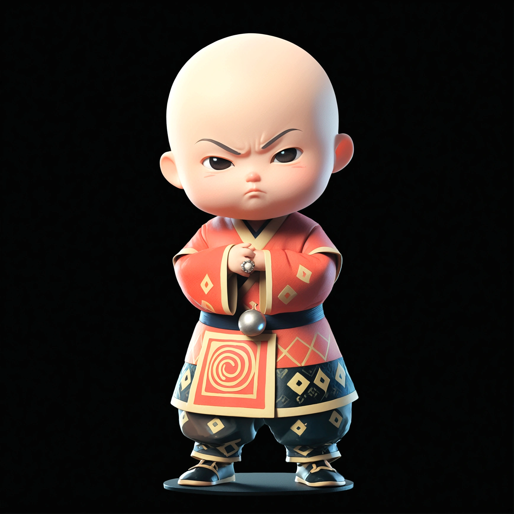solo, blush, simple background, 1boy, standing, full body, male focus, chibi, black eyes, frown, chinese clothes, black background, skinhead