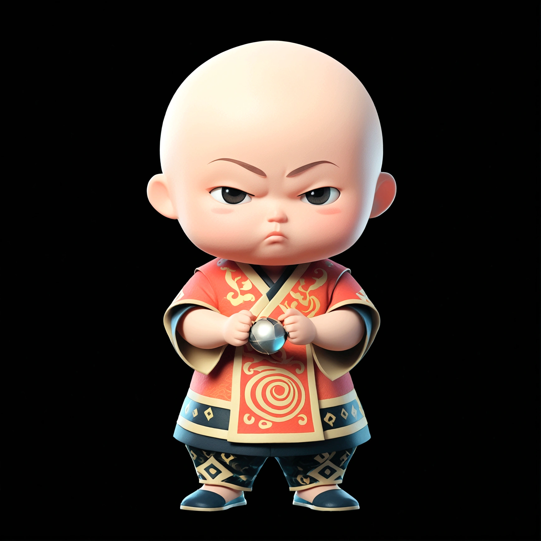 solo, blush, simple background, 1boy, standing, full body, male focus, chibi, black eyes, frown, chinese clothes, black background, skinhead