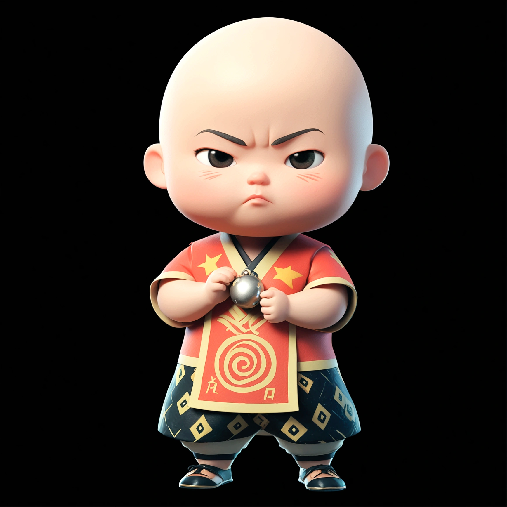 solo, blush, simple background, 1boy, standing, full body, male focus, chibi, black eyes, frown, chinese clothes, black background, skinhead