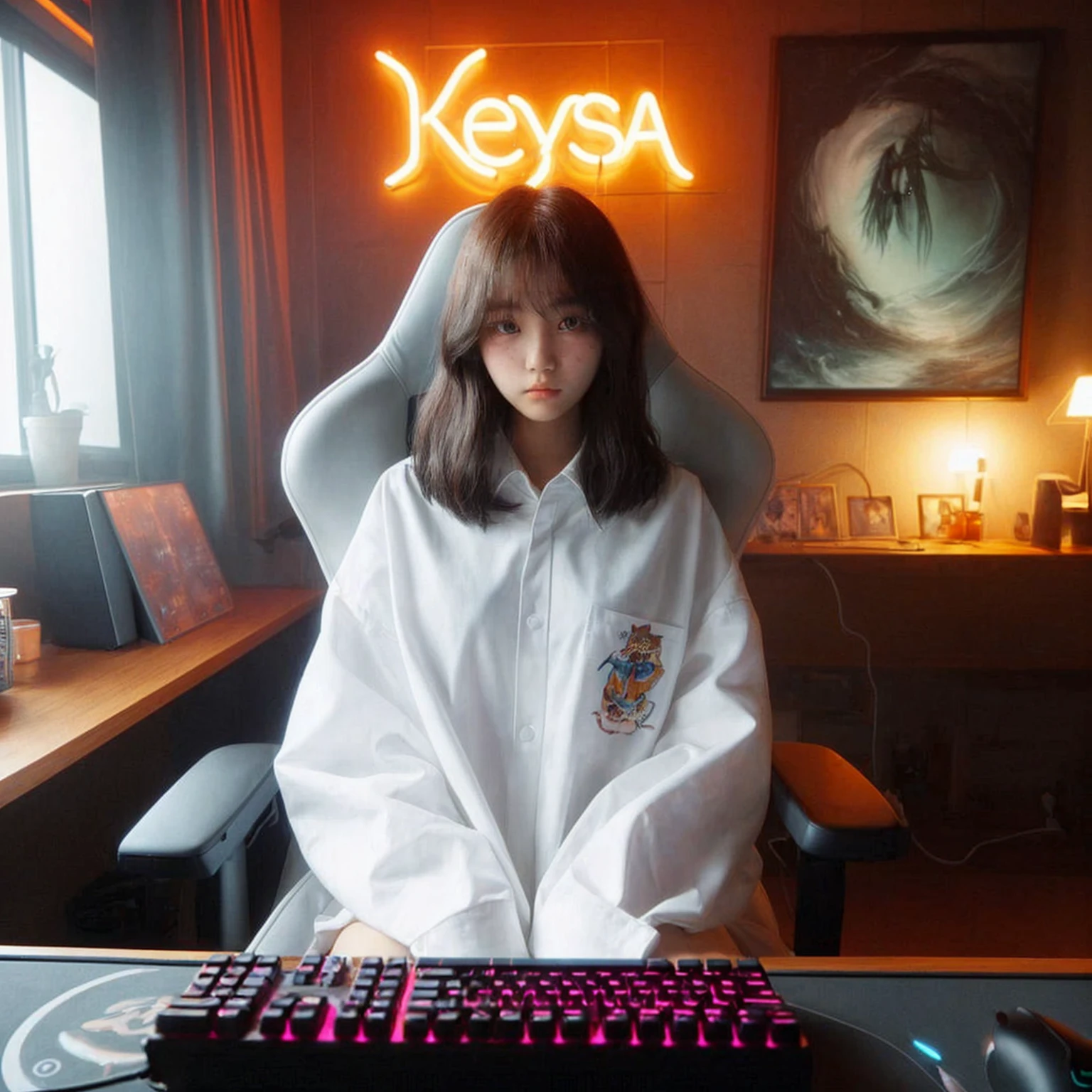 An 18-year-old Korean girl, wearing an oversized white shirt, sits on a gaming chair facing forward. A computer on the table next to her is displaying the game Wuthering Waves. The background is a gaming room with neon lights that spell "Keysa." Realistic image, UHD, masterpiece, 4K, close-up photo.
