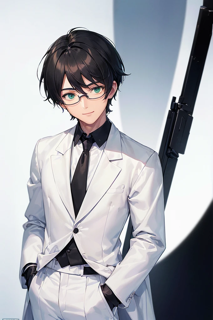 (masterpiece; best quality: 1.2), (finely detailed eyes: 1.3), ((25 year old man)), ((solo)), (green eyes: 1.4), (body; lean, lithe, masculine: 1.3), (very short black hair: 1.3), (beautiful and clear background: 1.2), ((depth of field)), (equipment: white open labcoat + black shirt + white tie + white pants + black square glasses: 1.3), (anime illustration: 1.2), (background composition; japanese highschool classroom + furniture: 1.1), (extremely fine and handsome: 1.1), (shot composition; standing + centered on torso + close-up: 1.5), (expression; calm, smile: 1.2)