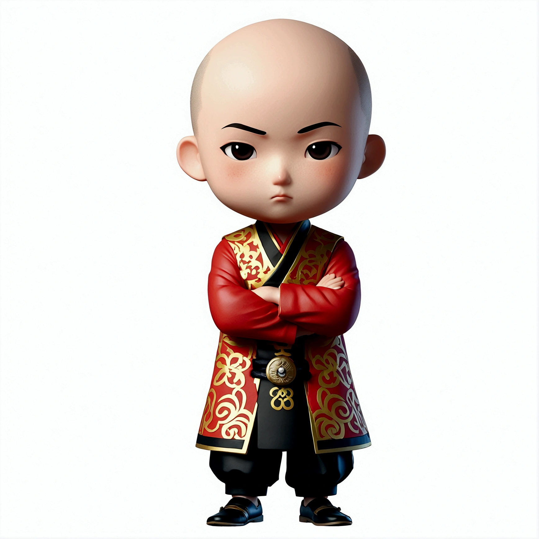 solo, blush, simple background, 1boy, standing, full body, male focus, chibi, black eyes, frown, chinese clothes, black background, skinhead