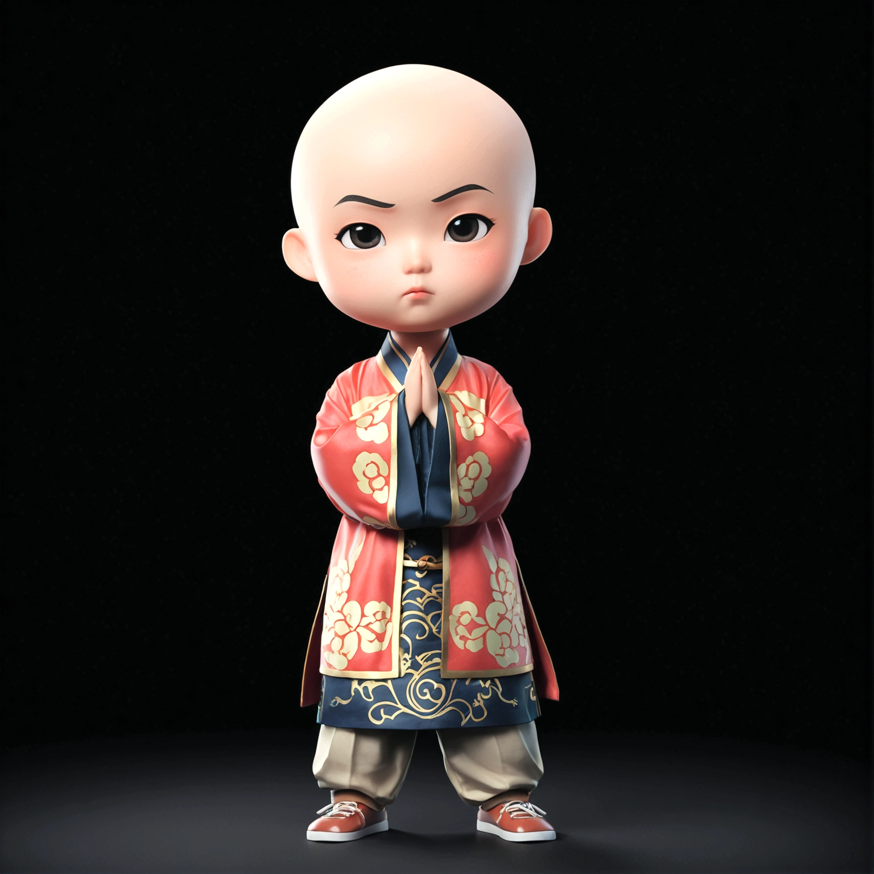 solo, blush, simple background, 1boy, standing, full body, male focus, chibi, black eyes, frown, chinese clothes, black background, bald