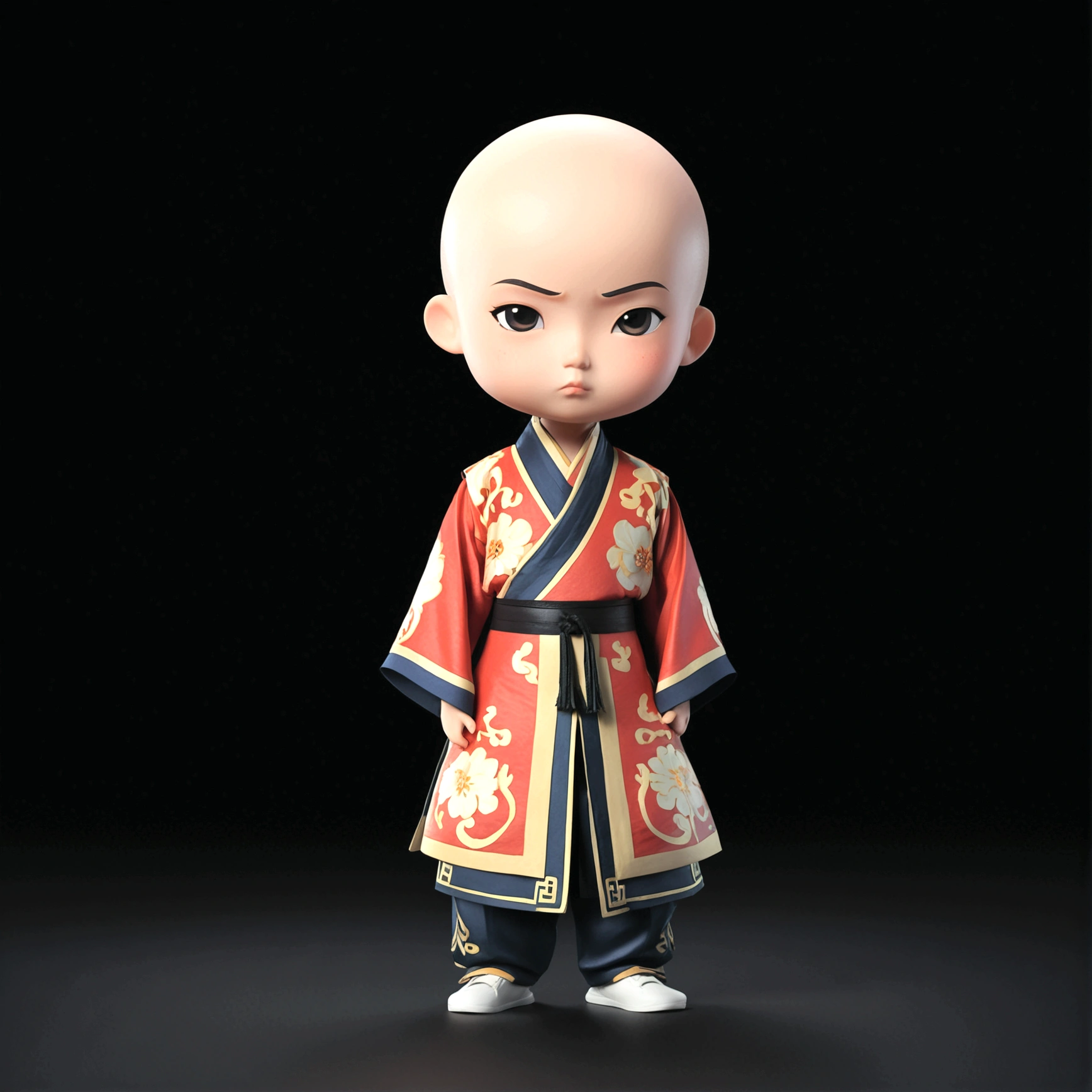 solo, blush, simple background, 1boy, standing, full body, male focus, chibi, black eyes, frown, chinese clothes, black background, bald