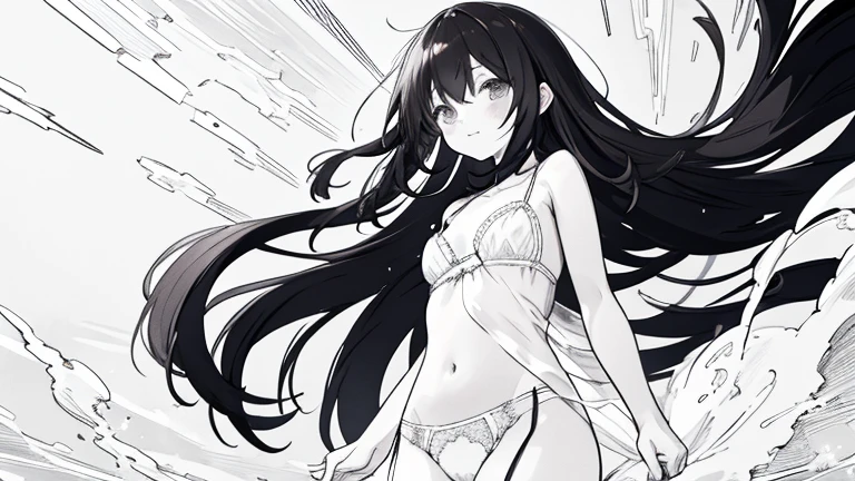 dark hair wearing lingerie on a windy day black and white line art