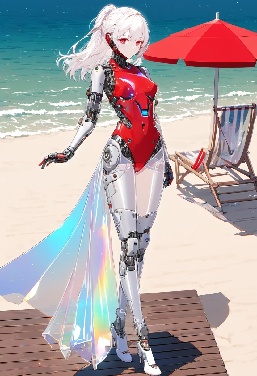 best quality, super fine, 16k, 2.5D, delicate and dynamic depiction, mechanical cyborg with fully mechanical body, hair made of chains and illuminated cable, deck chairs, beach umbrellas, beautiful white sand beaches, transparent, translucent, iridescent glitter, ascii_art, BREAK , eyes flashing red, wearing red bikini