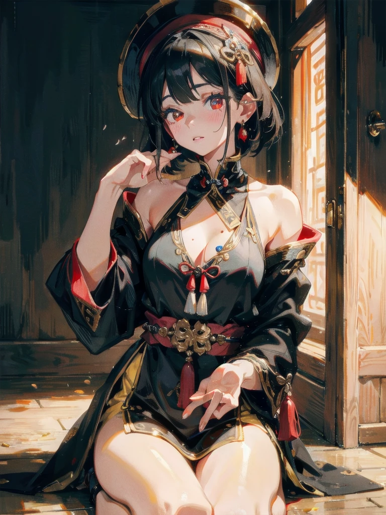 absurdres, RAW photo, extremely delicate and beautiful, masterpiece, Best Quality, ultra high resolution, 32k, hyperrealistic, ultra-detailed, in her 20s, delicate facial features, tearful mole, earring, medium breasts, full body shot, shorter middle hair, black hair, ofuda, jiangshi,