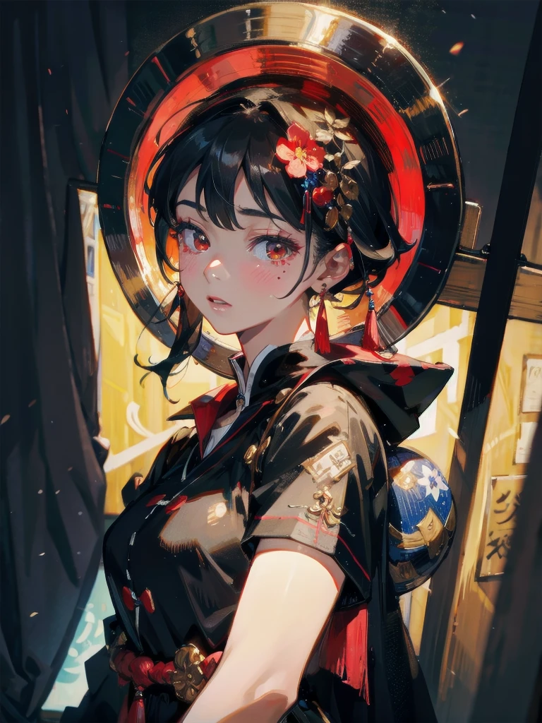 absurdres, RAW photo, extremely delicate and beautiful, masterpiece, Best Quality, ultra high resolution, 32k, hyperrealistic, ultra-detailed, in her 20s, delicate facial features, tearful mole, earring, medium breasts, full body shot, shorter middle hair, black hair, jiangshi, Spells with red letters on yellow,