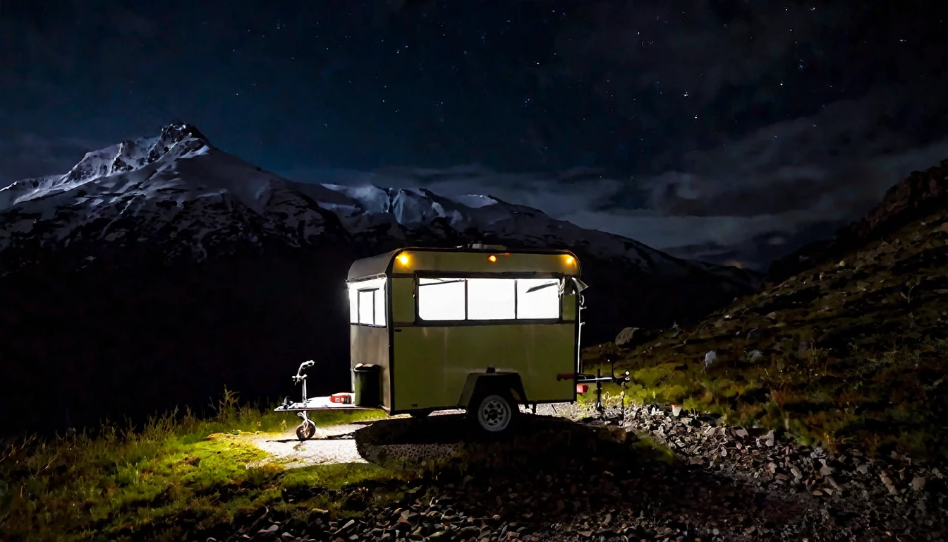 small trailer, lights off, remote area on top of the mountain, dark night, eerie