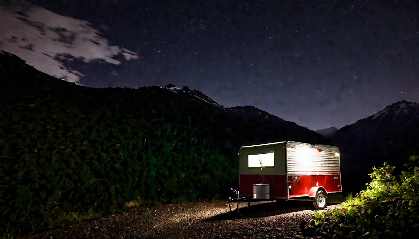 small trailer, lights off, remote area on top of the mountain, dark night, eerie
