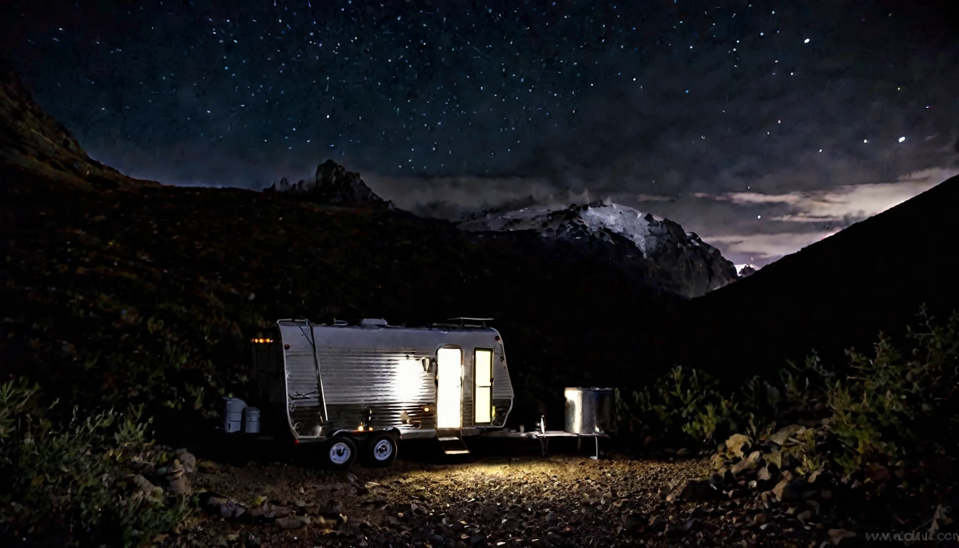 small trailer, lights off, remote area on top of the mountain, dark night, eerie