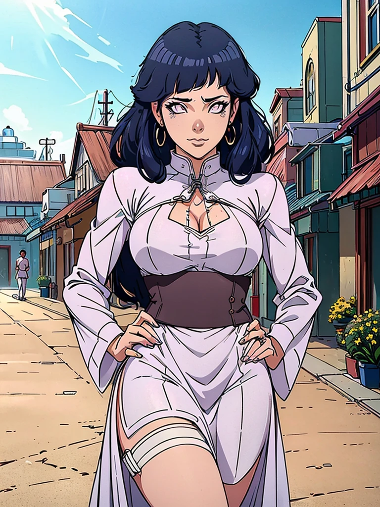 Best quality, 4k, high resolution, body stuck dress, perfect smile, gorgeous, light skin, ahegao face(hentai face) ,dark blue hair, wearing bodystuck long dress,(long sheeves), clothes are stuck in body, bodyfit outfit,1 girl, solo, seductive look, elegance and charm, (masterpiece, best quality, high resolution), looking at the viewer, standing, (intricate and beautiful:1.2), (detailed light:1.2), (soft light, side light), (high resolution textures) , holding leash in hand(chain leash), outdoor, Burmese girl,wearing bodcorn dress(white colour) with pink line ,wearing gorgeous jewelary, wearing harness over the outfit ,outdoor background, sun light, attractive, sexy, mature and hot, young,(masterpiece:1.3), (disorganized:1.3), (highest quality:1.3), perfect anatomy, detailed face, front view, perfect right hands, looking at viewer, (Super detailed:1.3), (best shadow:0.7), (treated hair), fine eyes, beautiful eyes, young aged woman, alone, standing, crystal earrings,closed_mouth, , outdoors,Thick thighs, arrogant face, small 