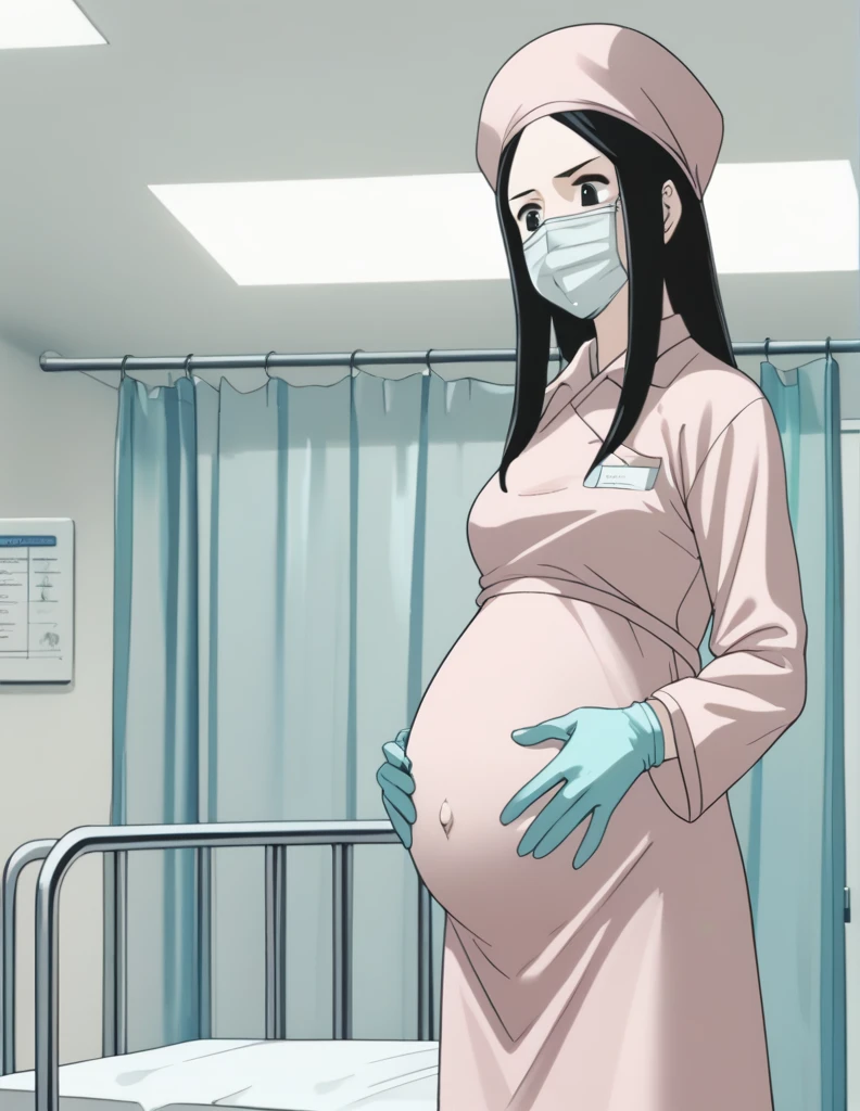 score_9,  score_8_up, score_7_up, source_anime, kasuganoray, pale skin, shy eyes, long hair, scrubs, surgical mask, surgical cap, long sleeve maternity gown,
1girl, pregnant, solo, rubber gloves, looking down, furrowed brow, hospital bed, standing