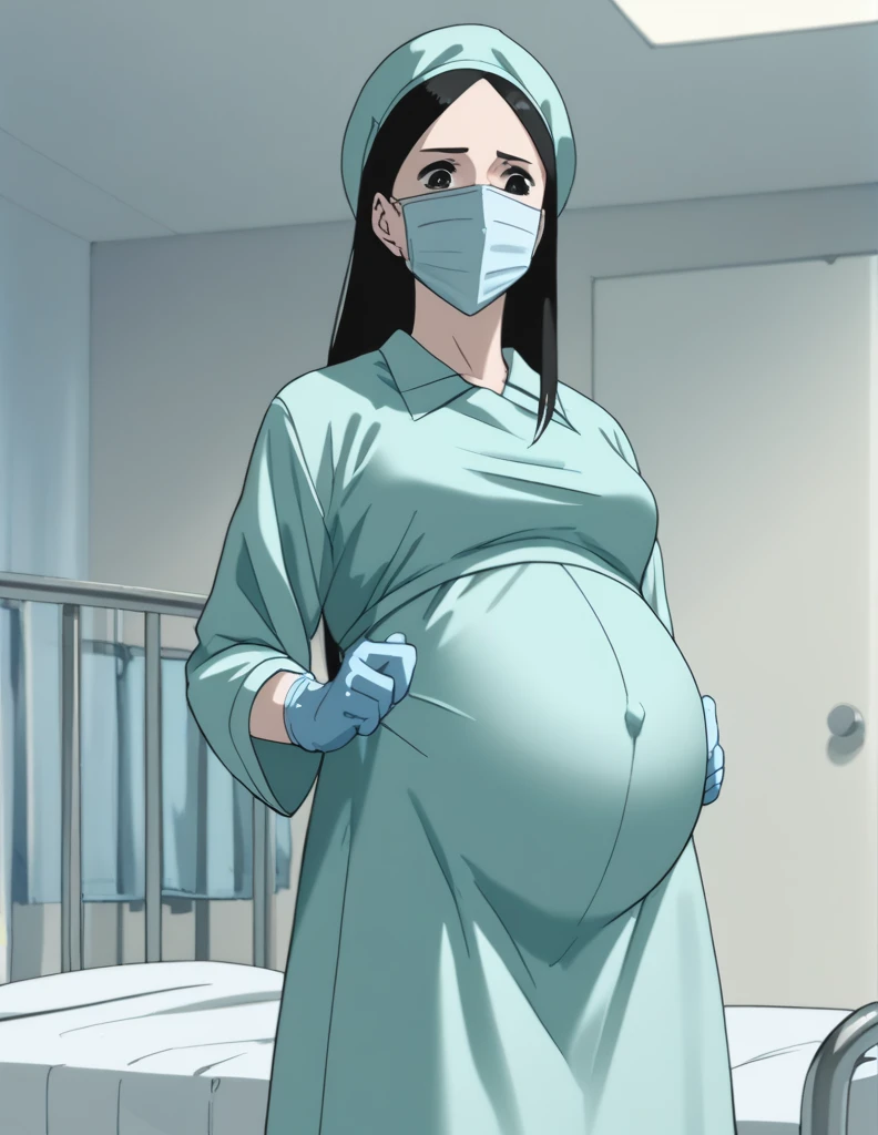 score_9,  score_8_up, score_7_up, source_anime, kasuganoray, pale skin, shy eyes, long hair, scrubs, surgical mask, surgical cap, long sleeve maternity gown,
1girl, pregnant, solo, rubber gloves, looking down, furrowed brow, hospital bed, standing