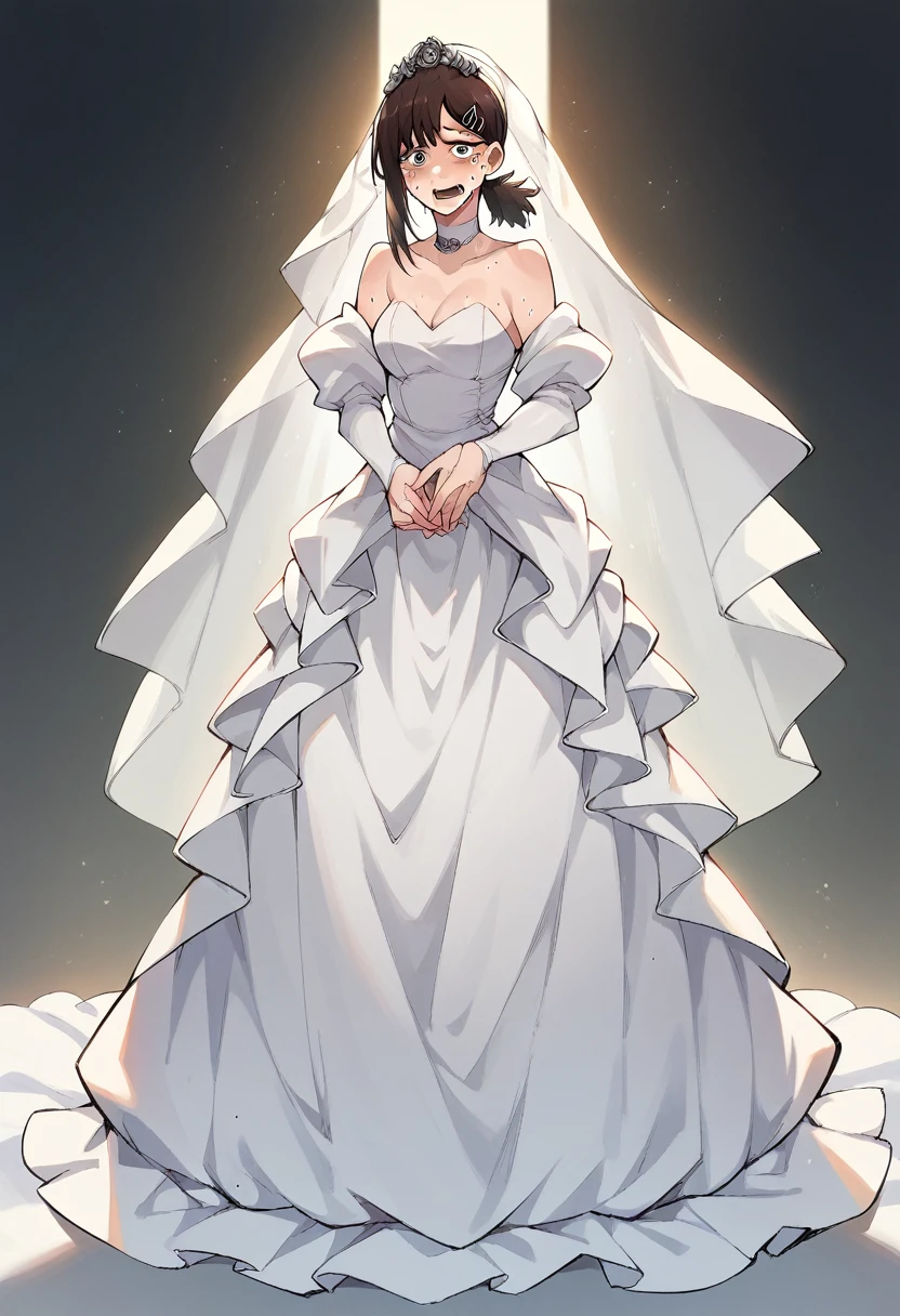 Kobeni Higashiyama from chainsaw man standing at the altar dressed as a bride wearing a very beautiful wedding dress while looking at the viewer with tears of happiness full body