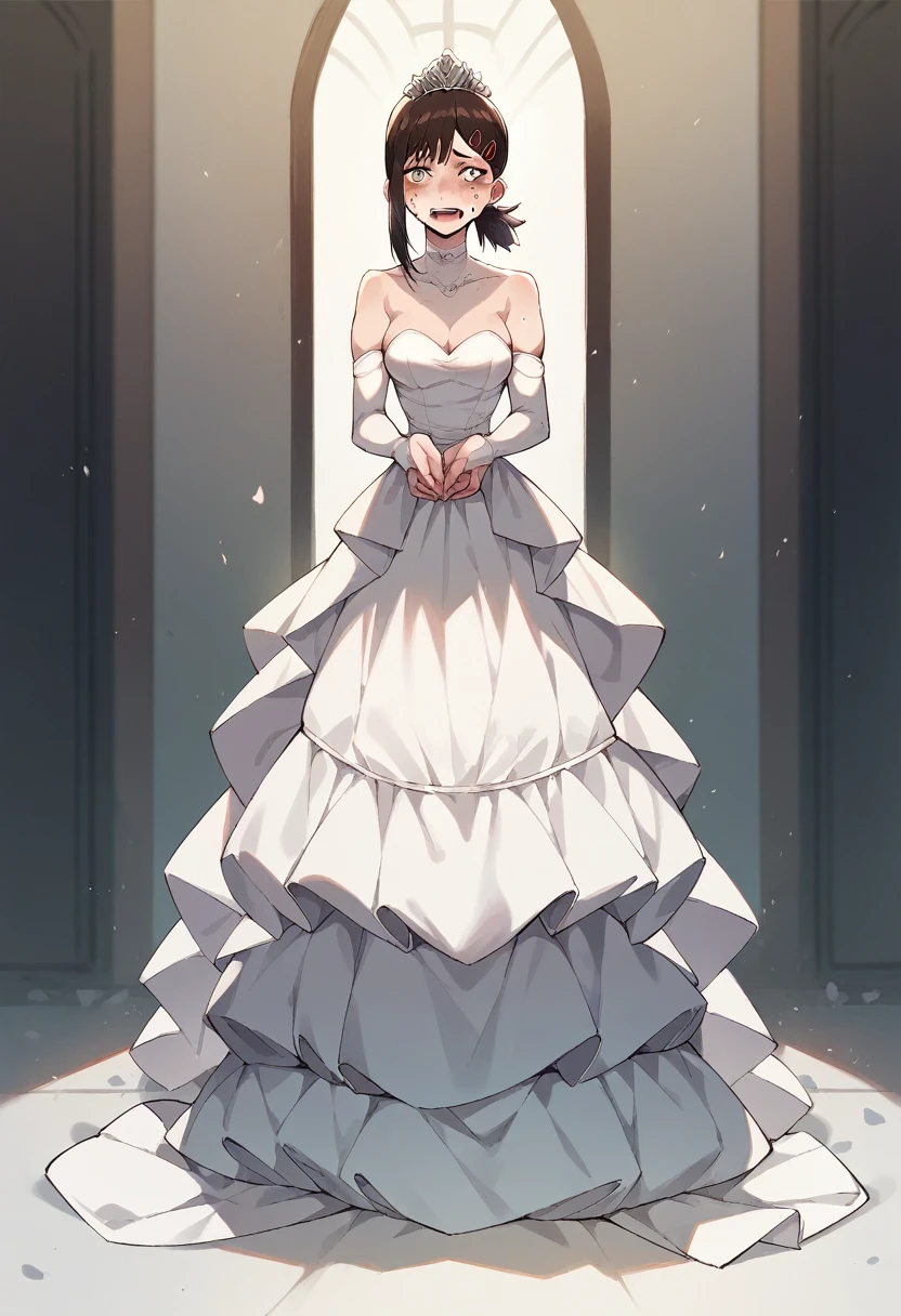 Kobeni Higashiyama from chainsaw man standing at the altar dressed as a bride wearing a very beautiful wedding dress while looking at the viewer with tears of happiness full body