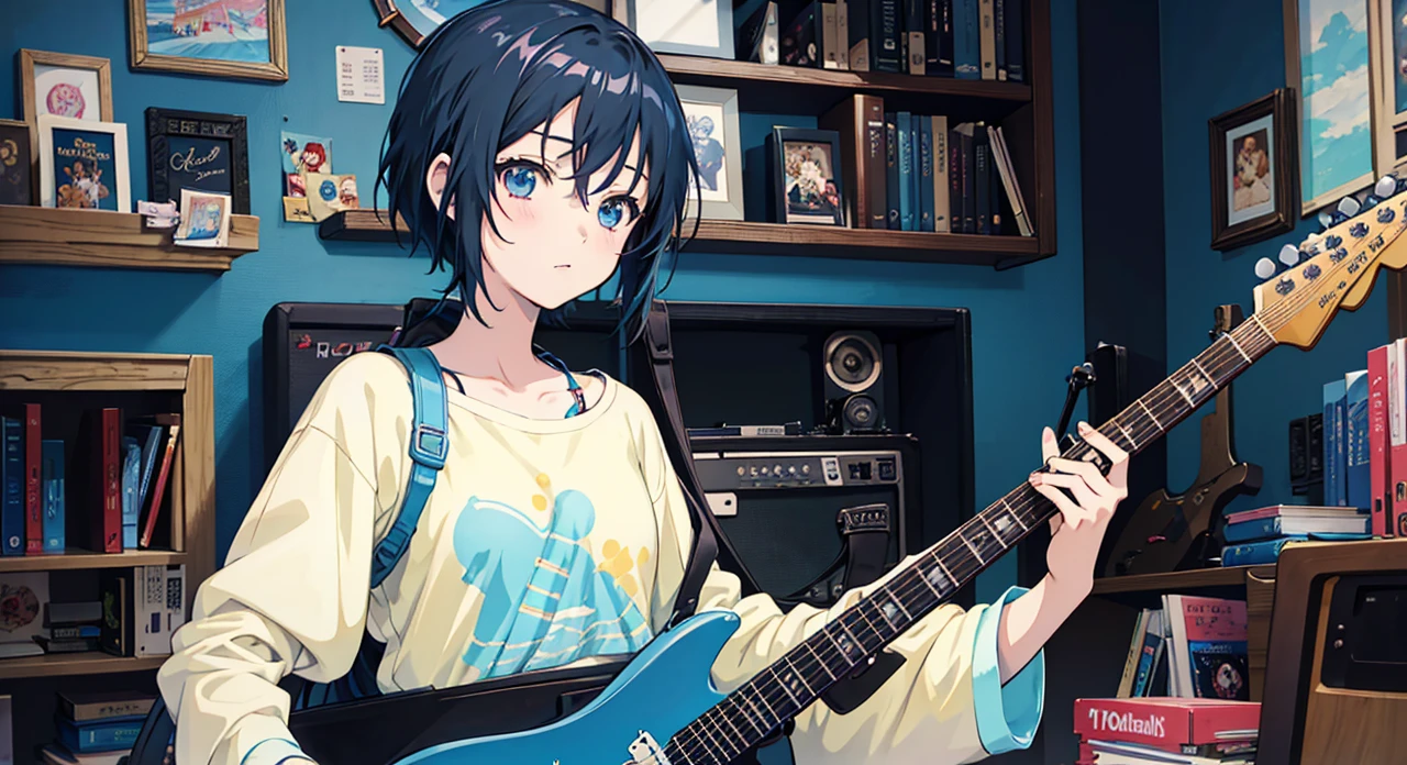 Anime girl with guitar in a room with books, guys, anime moe art style, anime cover, Artwork in the style of gouache, in anime style, guitarist, Anime feelings, Anime style illustrations, Anime style artwork, Yui Kotekawa, Nightcore, Guitar Hold, official artwork, artgerm and atey ghailan, guitar solo