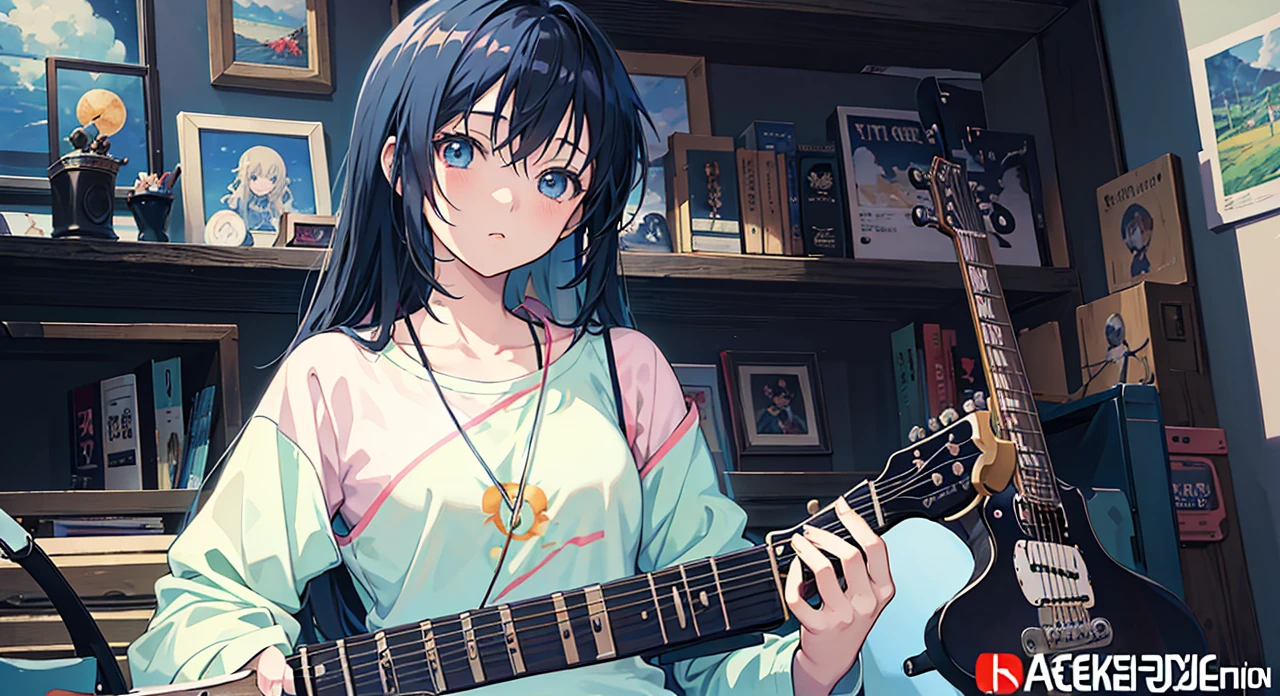 Anime girl with guitar in a room with books, guys, anime moe art style, anime cover, Artwork in the style of gouache, in anime style, guitarist, Anime feelings, Anime style illustrations, Anime style artwork, Yui Kotekawa, Nightcore, Guitar Hold, official artwork, artgerm and atey ghailan, guitar solo