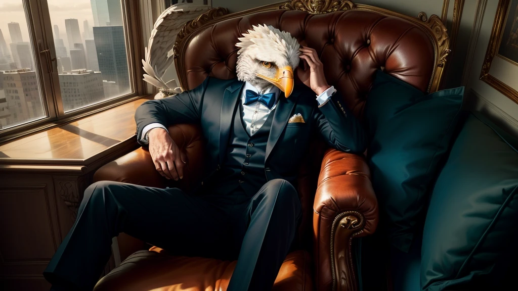 Anthropomorphic eagle wearing a suit，Sitting in a chair like a company president, YouTube video screenshot, The bird is wearing a bow tie, Real-life stills, Live action scenes, Threatening gaze, gentleman, Very emotional, Music video screenshot,