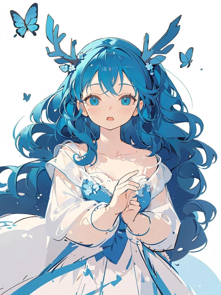 bust-up, 1girl, tosca blue hair, butterfly hair ornaments, blue flower, white deer antlers, elegant white dress, teasing expression, splash background, solo, sketch, portrait, simple background
