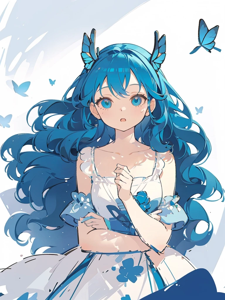 bust-up, 1girl, tosca blue hair, butterfly hair ornaments, blue flower, white deer antlers, elegant white dress, teasing expression, splash background, solo, sketch, portrait, simple background