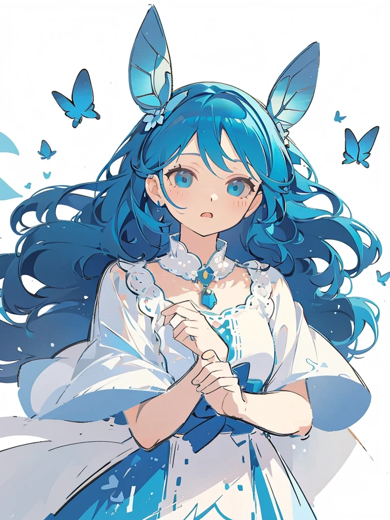 bust-up, 1girl, tosca blue hair, butterfly hair ornaments, blue flower, white deer antlers, elegant white dress, teasing expression, splash background, solo, sketch, portrait, simple background