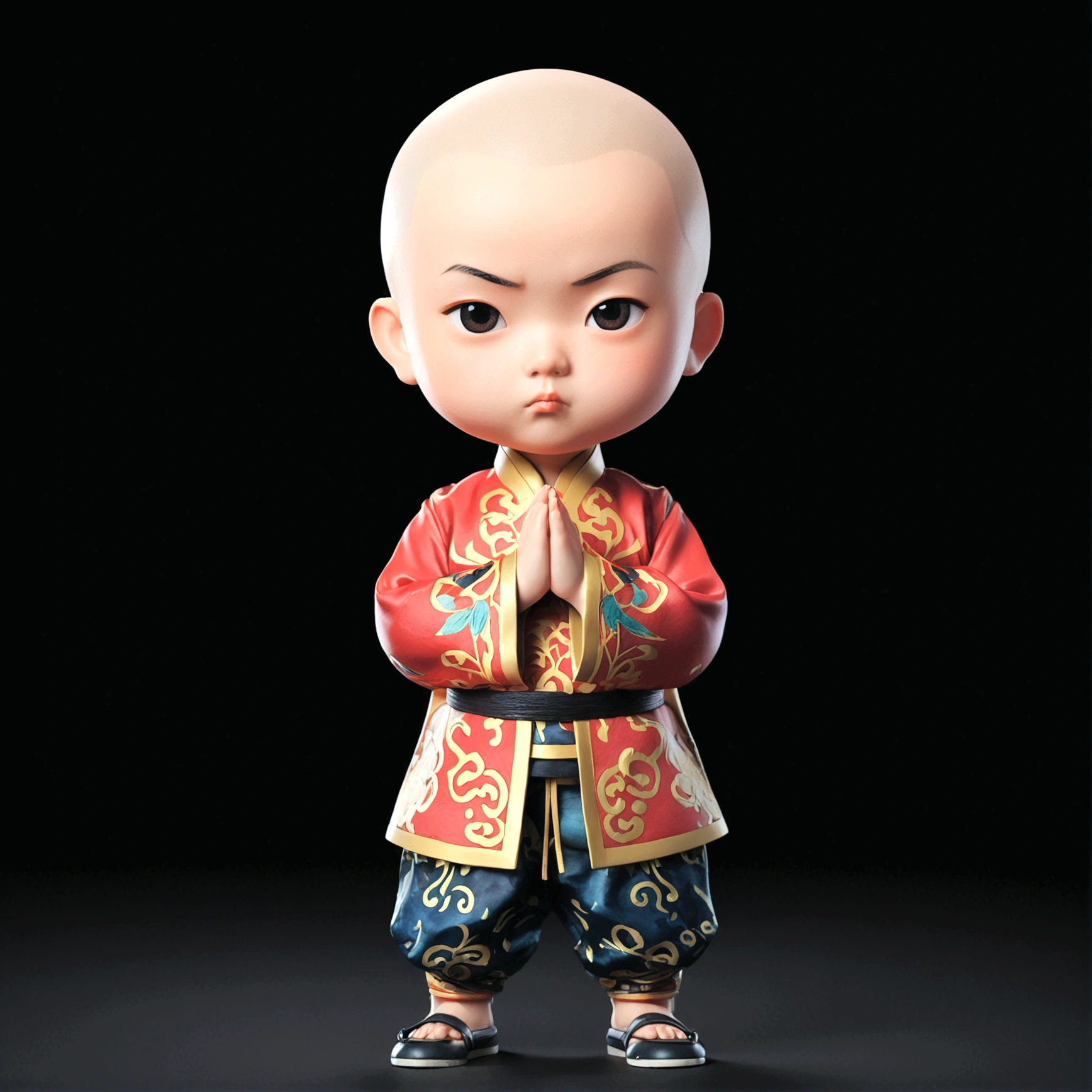 solo, blush, simple background, 1boy, standing, full body, male focus, chibi, black eyes, frown, chinese clothes, black background, skinhead
