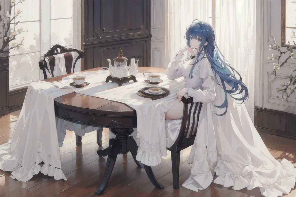 anime girl1, Beautiful blue hair, blue eyes, (bangs cover left eye) His left eye is visible slightly behind his long bangs, (wearing an elegant white noble shirt) wearing an elegant white tie jabot (long elegant noble shirt dress) Sitting on an elegant wooden chair, Skirt covers elegant legs (wearing elegant sparkling white glass shoes) (Hands on the table holding a cup of tea) smiling gently (perfect long straight blue hair) Body position facing to the left (head facing to the left) (image seen from top of head to toes looking down) Background of a luxurious, magnificent palace, detailed size (window light), shiny ceramics (perfect body, left hand holding a tea cup, right hand on a shiny, elegant wooden table, solo