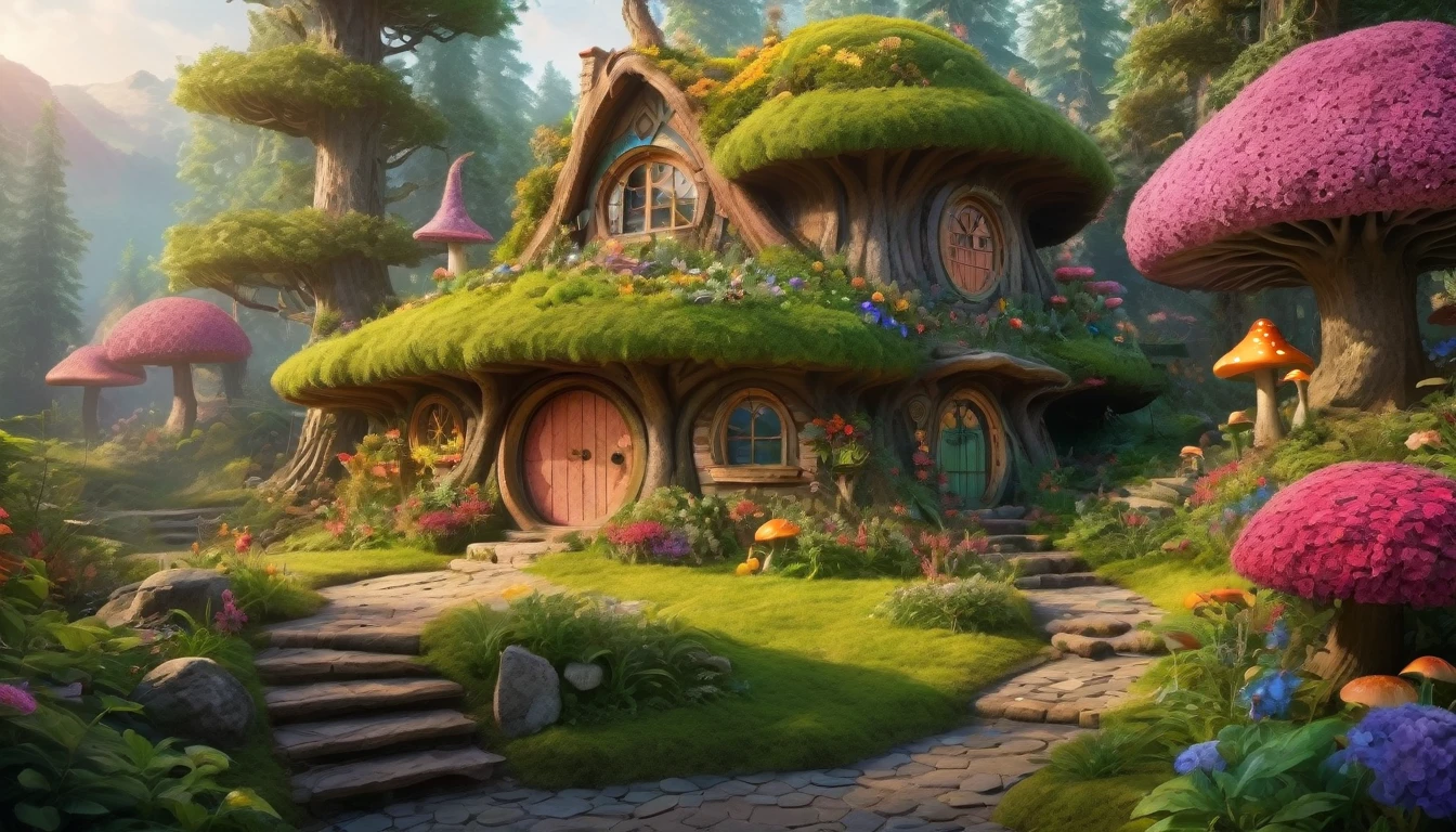 (Mysterious fantasy forest,Dense trees,A strange and cute little tree:1.5),A hobbit cabin, It is vividly depicted in the work (Best quality, 8K, Advanced resolution, Masterpiece: 1.2), With ultra-detailed detail, (1.4x realism, Photorealistic: 1.37). This fantasy forest is made up of bright colors,bathed in the warm glow of the sun, Create a cheerful and whimsical atmosphere. The house has been designed with great attention to detail, With a complex design and unique architecture, Similar to a mushroom-shaped house。 (This fantasy forest is surrounded by lush greenery and colorful flowers), Elevate a captivating and magical environment。 The artwork showcases an illustrative style, Inspired by ren's book illustrations, Ensures a glamorous and nostalgic touch. The color palette consists of vibrant rainbow colors, Seven colors,Evoke feelings of joy and playfulness. Lighting accentuates the picturesque scene, Soft and warm shadows are created that add depth and warmth to the artwork. Every detail is impeccablely presented, creating a visually stunning masterpiece,Capture the essence of the fantasy forest.