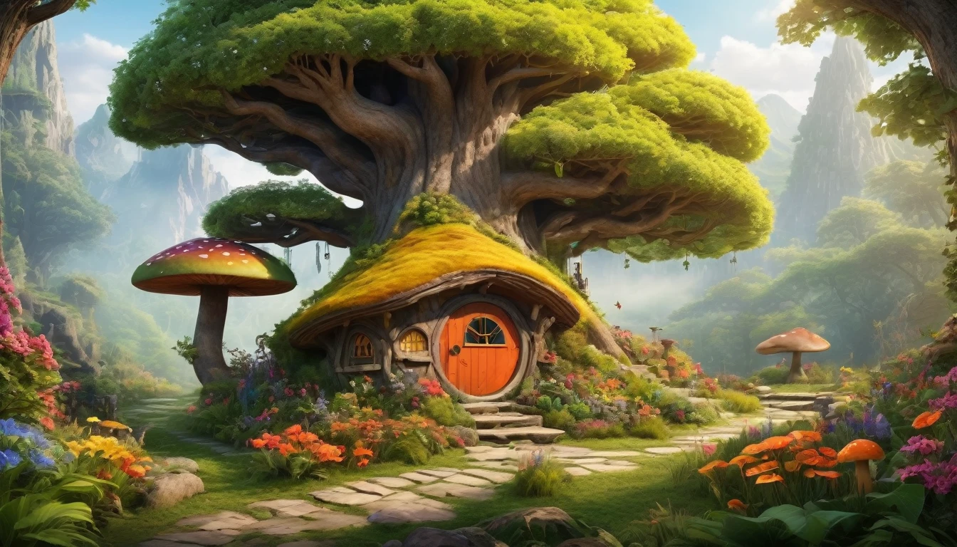 (Mysterious fantasy forest,Dense trees,A strange and cute little tree:1.5),A hobbit cabin, It is vividly depicted in the work (Best quality, 8K, Advanced resolution, Masterpiece: 1.2), With ultra-detailed detail, (1.4x realism, Photorealistic: 1.37). This fantasy forest is made up of bright colors,bathed in the warm glow of the sun, Create a cheerful and whimsical atmosphere. The house has been designed with great attention to detail, With a complex design and unique architecture, Similar to a mushroom-shaped house。 (This fantasy forest is surrounded by lush greenery and colorful flowers), Elevate a captivating and magical environment。 The artwork showcases an illustrative style, Inspired by children's book illustrations, Ensures a glamorous and nostalgic touch. The color palette consists of vibrant rainbow colors, Seven colors,Evoke feelings of joy and playfulness. Lighting accentuates the picturesque scene, Soft and warm shadows are created that add depth and warmth to the artwork. Every detail is impeccablely presented, creating a visually stunning masterpiece,Capture the essence of the fantasy forest.