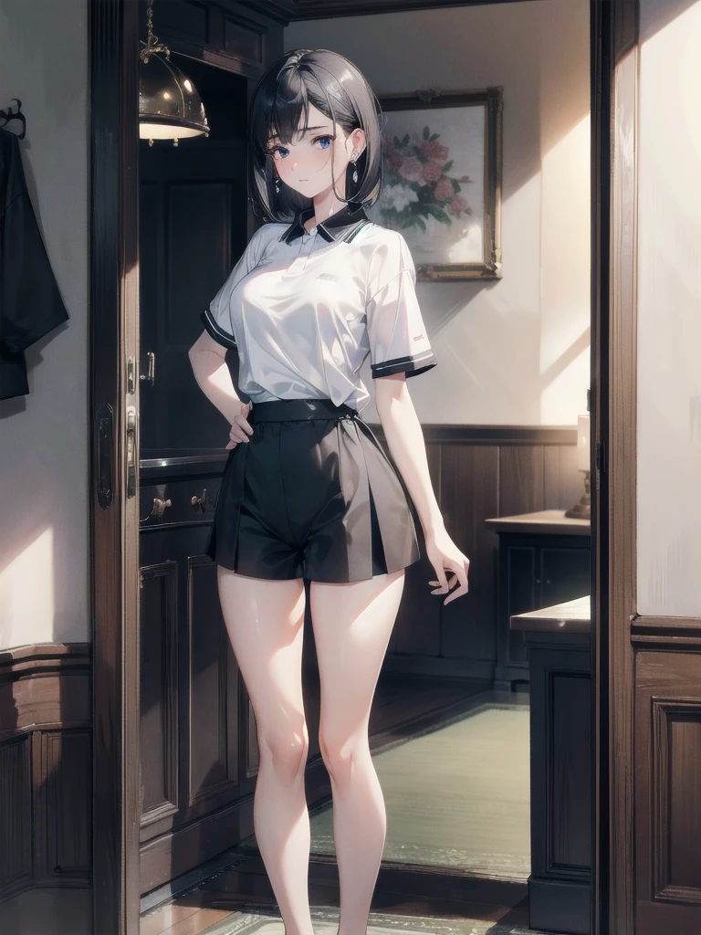 absurdres, RAW photo, extremely delicate and beautiful, masterpiece, Best Quality, ultra high resolution, 32k, hyperrealistic, ultra-detailed, perfect figure, in her 20s, very small head, very small face, delicate facial features, tearful mole, earring, huge breasts, big breasts, full body shot, medium hair, black hair, collared shirt, shorts, bare legs,
